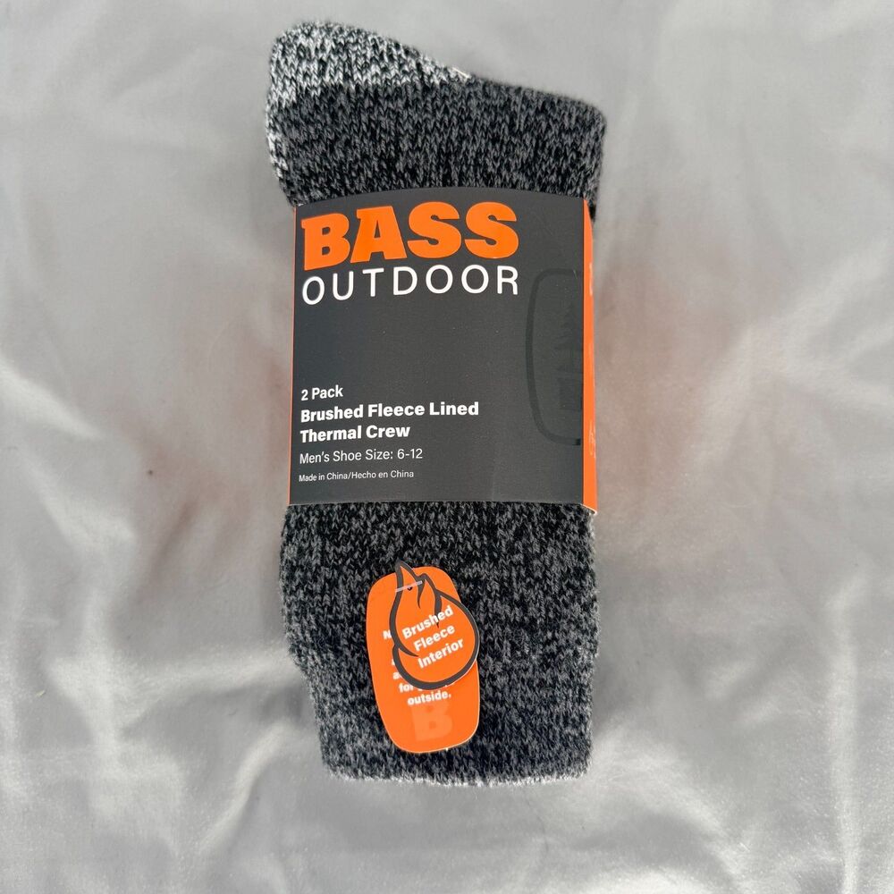 BASS Men's Socks Outdoor Brushed Fleece Lined Thermal Crew 2 Pairs - New